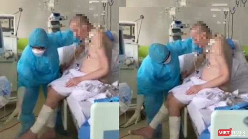 Những hình ảnh  mới nhất cho thấy bệnh nhân 91 đã có thể ngồi dậy, đung đưa chân, bắt đầu tập ăn qua đường tiêu hóa (Ảnh cắt từ clip) 