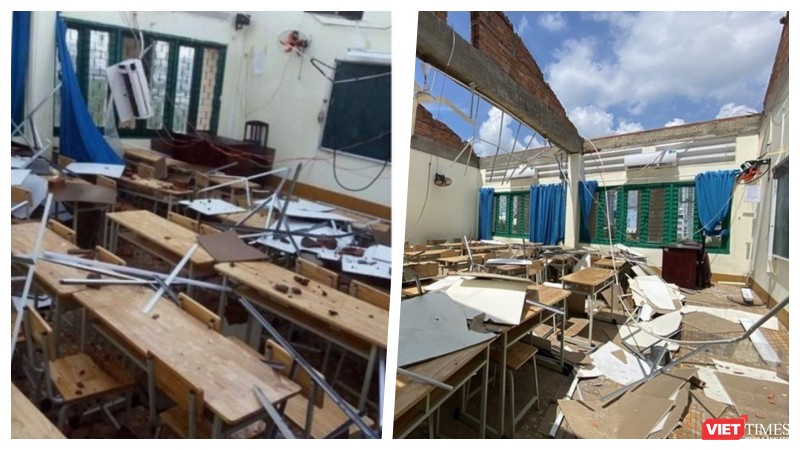 Sẽ tốn gần 3 tỉ đồng sửa chữa trường Bình Phú sau sự cố lốc xoáy làm tốc mái khiến nhiều phòng học bị ảnh hưởng nặng nề (Ảnh: HB ghép)
