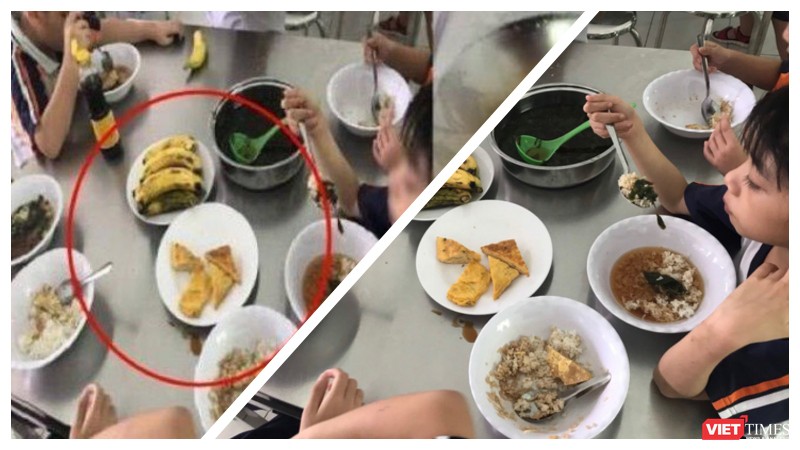 Bữa trưa bán trú của học sinh Trường Tiểu học Trần Thị Bưởi bị phản ứng dữ dội vì quá ít dinh dưỡng và nhiều thực phẩm không đảm bảo an toàn đã được nhập vào bếp ăn (Ảnh: HB ghép)
