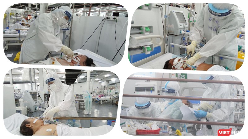 Chăm sóc bệnh nhân nặng tại Trung tâm Hồi sức tích cực người bệnh COVID-19 BV Trung ương Huế tại TP.HCM. Ảnh: Hoà Bình