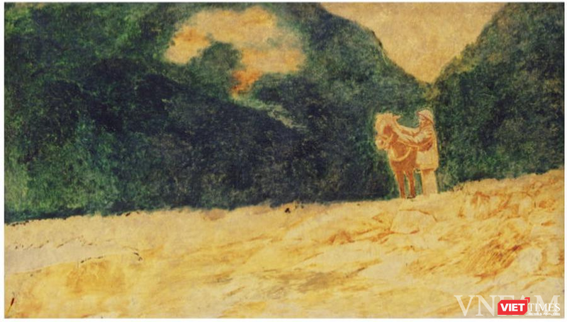 Dương Bích Liên (1924-1989) dựng lên một không gian núi rừng, trời nước bao la trong bức tranh sơn mài “Bác Hồ ở chiến khu Việt Bắc”. Ảnh: BTMTVN