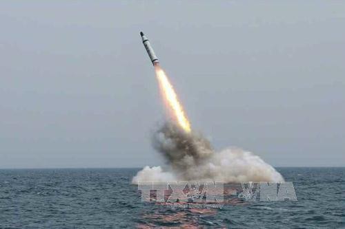 Tên lửa đạn đạo được phóng từ tàu ngầm ở một địa điểm của Triều Tiên. Ảnh: EPA/TTXVN