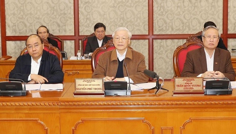 Tổng Bí thư, Chủ tịch nước Nguyễn Phú Trọng chủ trì phiên họp của Bộ Chính trị sáng 20/3 về công tác phòng, chống dịch COVID-19. Ảnh: TTXVN.