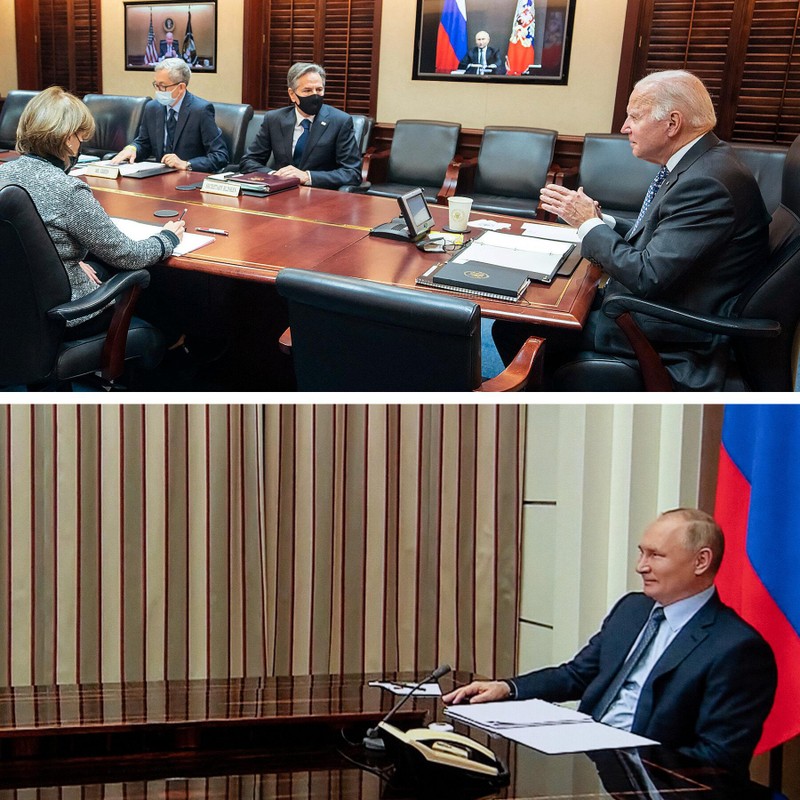 Lãnh đạo Nga và Mỹ tham gia hội nghị trực tuyến hôm 7/12 (Ảnh: NYTimes)