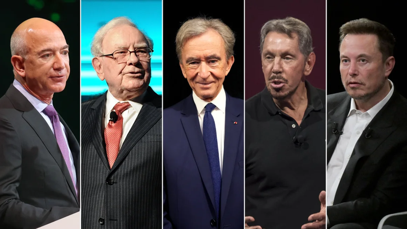 Jeff Bezos, Warren Buffett, Bernard Arnault, Larry Ellison và Elon Musk trở nên giàu hơn rất nhiều trong những năm gần đây (Ảnh: CNN)
