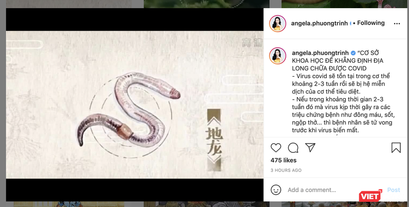 Angela Phương Trinh quảng cáo địa long chữa được COVID-19 trên instagram (Ảnh - VT) 