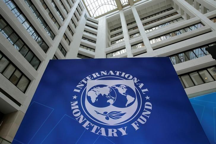 Logo IMF trong cuộc họp mùa xuân của IMF/WB ở Mỹ ngày 21/4/2017