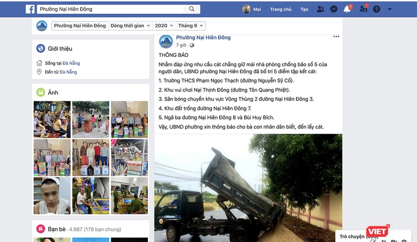 UBND phường Nại Hiên Đông (TP Đà Nẵng)  sử dụng facebook để đăng thông tin về việc bố trí 5 điểm tập kết cát, cấp miễn phí cho dân chằng chống bão số 5.