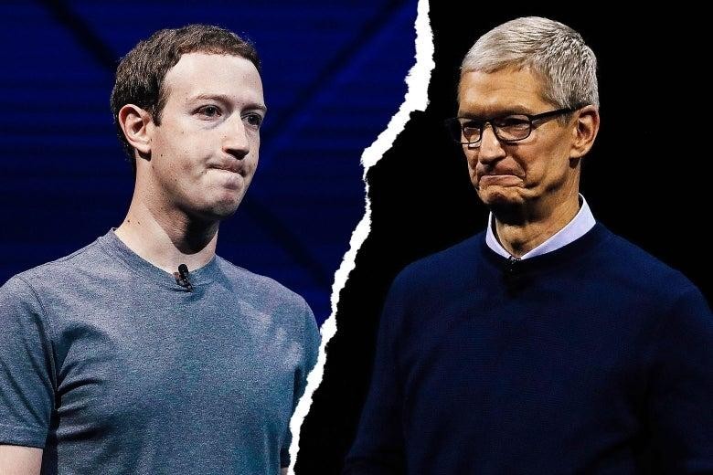 Mark Zuckerberg và Tim Cook thường xuyên không cùng quan điểm. Ảnh: Slate.