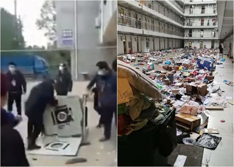 Hình ảnh các nhân viên phòng dịch đập phá (trái) và quăng đồ đạc của học sinh trong ký túc xá xuống sân bị truyền thông phê phán (Ảnh: Đông Phương).