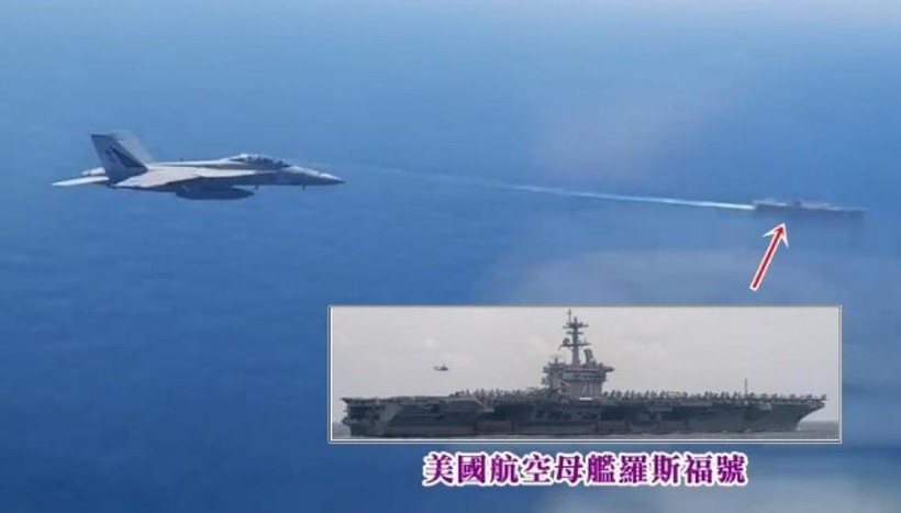 Hình ảnh trích video do máy bay Nga quay cho thấy chiếc F/A18 áp sát máy bay Nga, phía dưới là tàu sân bay Mỹ (Ảnh: Đông Phương).