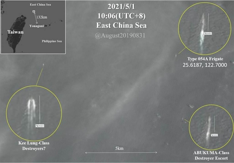 Ảnh vệ tinh chụp cảnh tàu Tân Châu của PLA (trước) bị tàu Đài Loan (phía sau, góc trái) và tàu Nhật Bản (phải) bám đuôi giám sát hôm 1/5 (Ảnh: China Times).