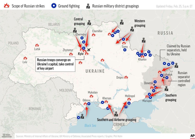 Các hướng tấn công của Quân đội Nga vào Ukraine (Ảnh: AP).