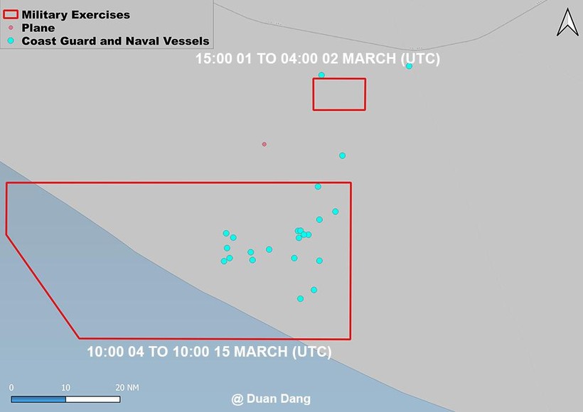 Khu vực Quân đội Trung Quốc diễn tập đã lấn qua đường trung tuyến Vịnh Bắc Bộ kéo dài, sâu sang vùng biển thuộc Vùng đặc quyền kinh tế và thềm lục địa Việt Nam (Ảnh: @Duan Dang).