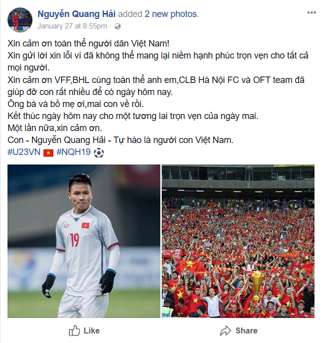 Tuyển thủ U23 Việt Nam chia sẻ gì trên "Phây" sau trận chung kết ảnh 4 Quang Hải cũng gửi lời cảm ơn đến gia đình và người hâm mộ