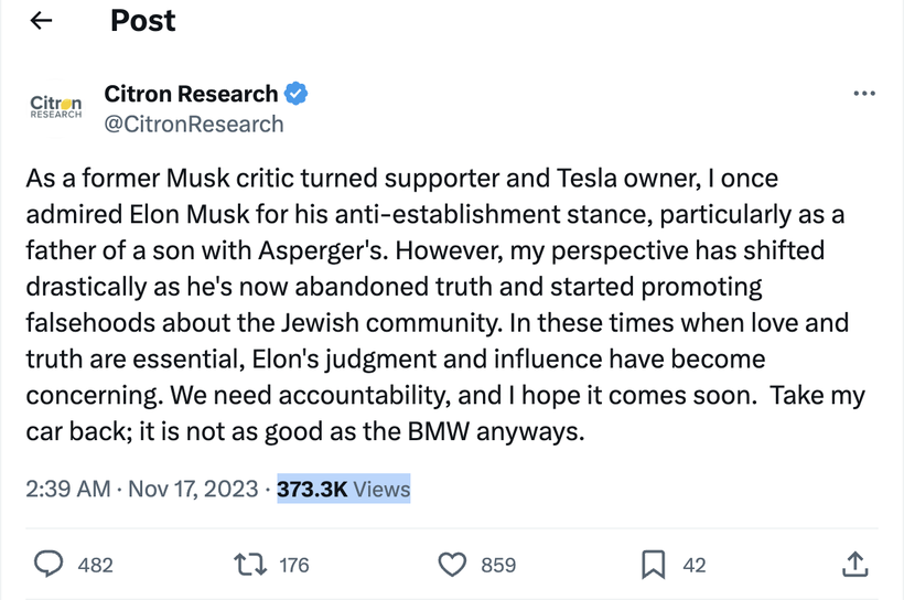 Chủ xe Tesla tính bỏ xe, bán cổ phiếu hoặc bỏ đặt xe mới sau status gây tranh cãi của Elon Musk ảnh 1 Screen Shot 2023-11-20 at 15.54.02.png