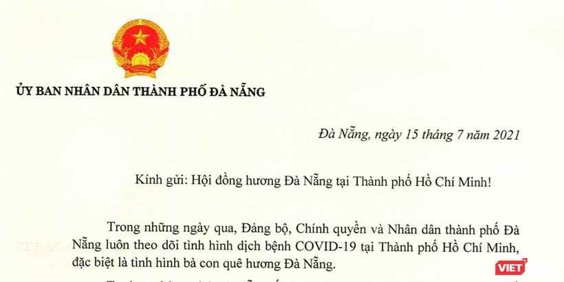 Bức thư của ông Lê Trung Chinh - Chủ tịch UBND TP Đà Nẵng gửi bà con Đà Nẵng tại TP HCM