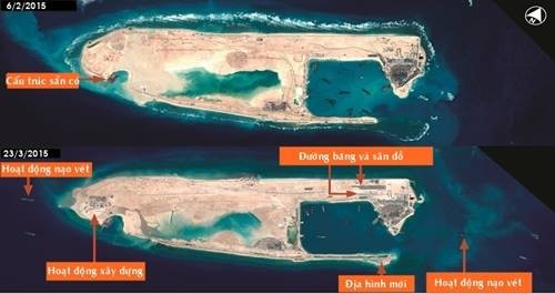 Ảnh vệ tinh hôm 23/3 cho thấy Trung Quốc xây dựng đường băng ở Đá Chữ Thập, quần đảo Trường Sa. Ảnh: Airbus.