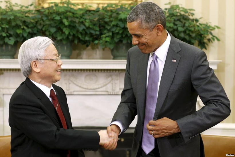 Tổng Bí thư Nguyễn Phú Trọng và Tổng thống Mỹ Barack Obama tại Nhà Trắng trong chyến thăm Mỹ lịch sử năm 2015