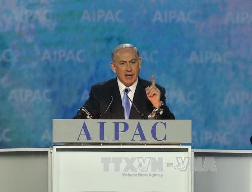 Thủ tướng Israel Benjamin Netanyahu phát biểu tại hội nghị chính sách thường niên của Ủy ban các vấn đề chung Mỹ-Israel (AIPAC) diễn ra tại thủ đô Washington. Ảnh: AFP/TTXVN