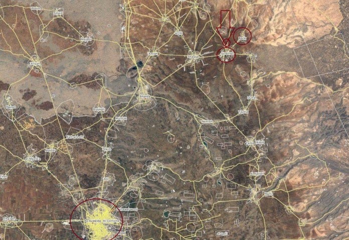 Bản đồ chiến sự cao điểm Tal Aliyat phía đông bắc tỉnh Al-Sweida. 