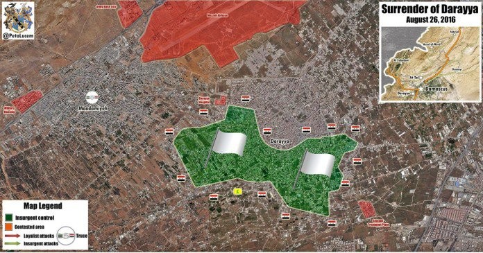 Bản đồ chiến sự thành phố vệ tinh Darayya ngày 26.08.2016