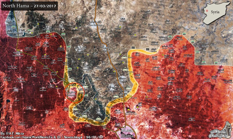 Bản đồ chiến trường phía bắc tỉnh Hama ngày 27.03.2017