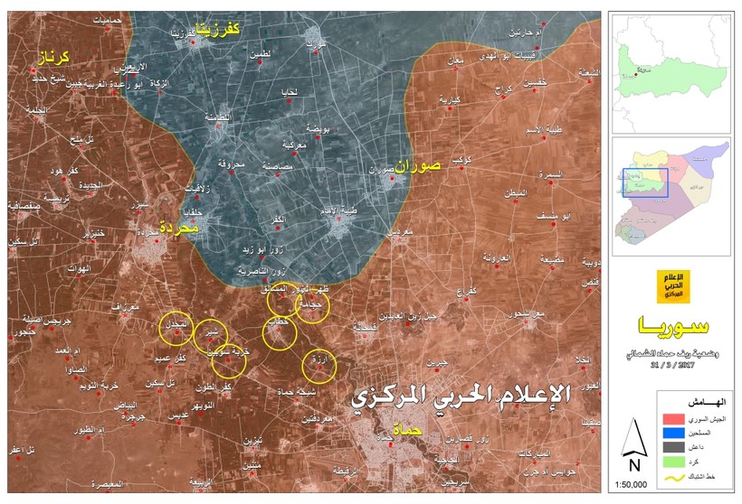 Bàn đồ chiến sự Hama, những vòng tròn là những địa bàn được quân đội Syria giải phóng đến ngày 31.03.2017