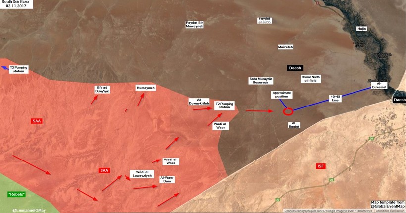 Các mũi tiến công của quân đội Syria trên hướng trạm bơm nước T2 - Al-Bukamal. Ảnh South Front
