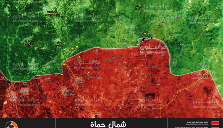 Bản đồ tình hình chiến sự vùng nông thôn miền bắc Hama, phiến quân đánh chiếm 2 khu dân cư của quân đội Syria - ảnh Muraselon