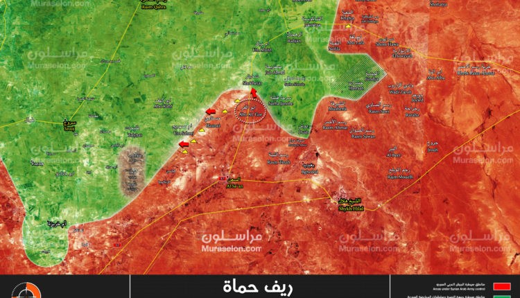 Bản đồ tình hình chiến sự miền bắc tỉnh Hama, giáp giới tỉnh Idlib, quân đội Syria giải phóng  Abu Al-Ghir, Hasnawi - ảnh Muraselon