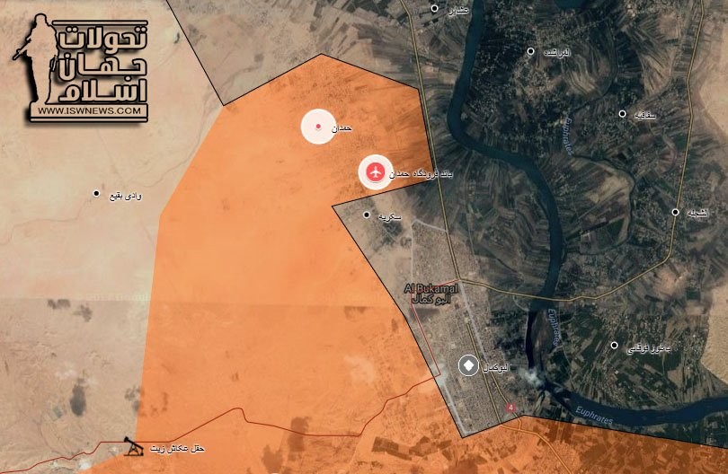 Bản đồ chiến sự thành phố Albukamal, quân đội Syria đánh chiếm sân bay Hamdan - ảnh Masdar News