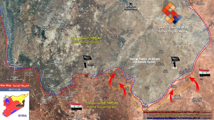 Bản đồ chiến sự vùng đông bắc tỉnh Hama và Idlib - ảnh Syrian Digital Media‏ 