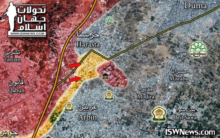 Bản đồ tình hình chiến sự Đông Ghouta - ảnh Masdar News