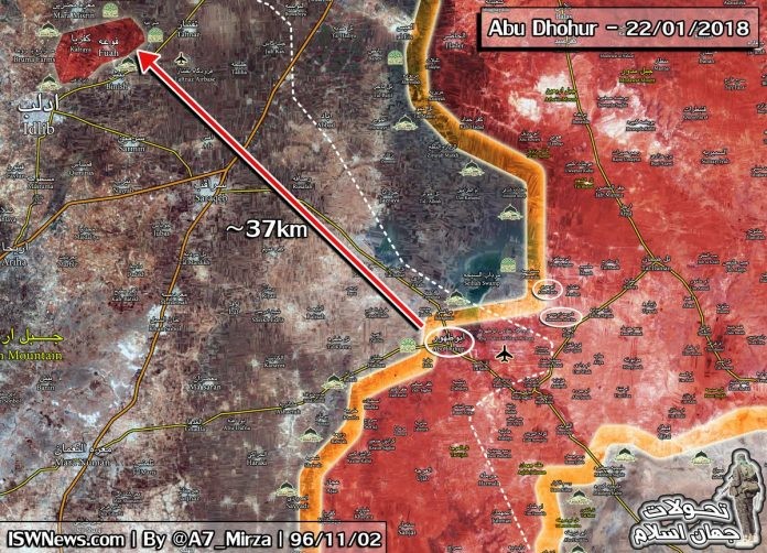 Chiến trường khu vực tỉnh Idlib - Aleppo, cách các thị trấn bị bao vây 37 km. Ảnh Masdar News