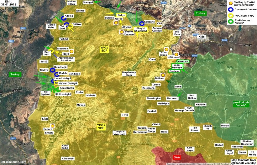 Chiến trường Afrin, quân đội Thổ Nhĩ Kỳ tấn công lực lượng dân quân người Kurd. Ảnh minh họa South Front