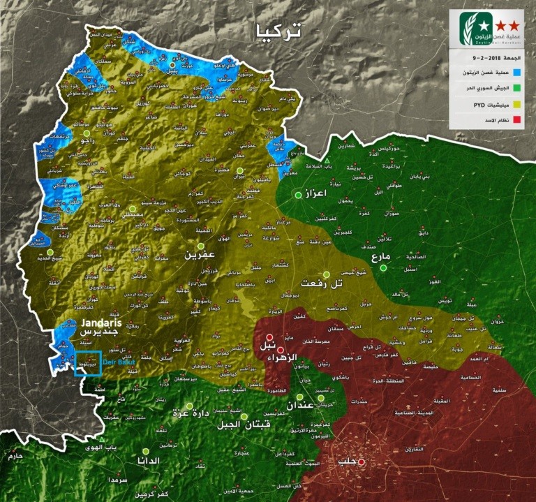 Bản đồ tình hình chiến sự Afrin tính đến ngày 10.02.2018 theo South Front