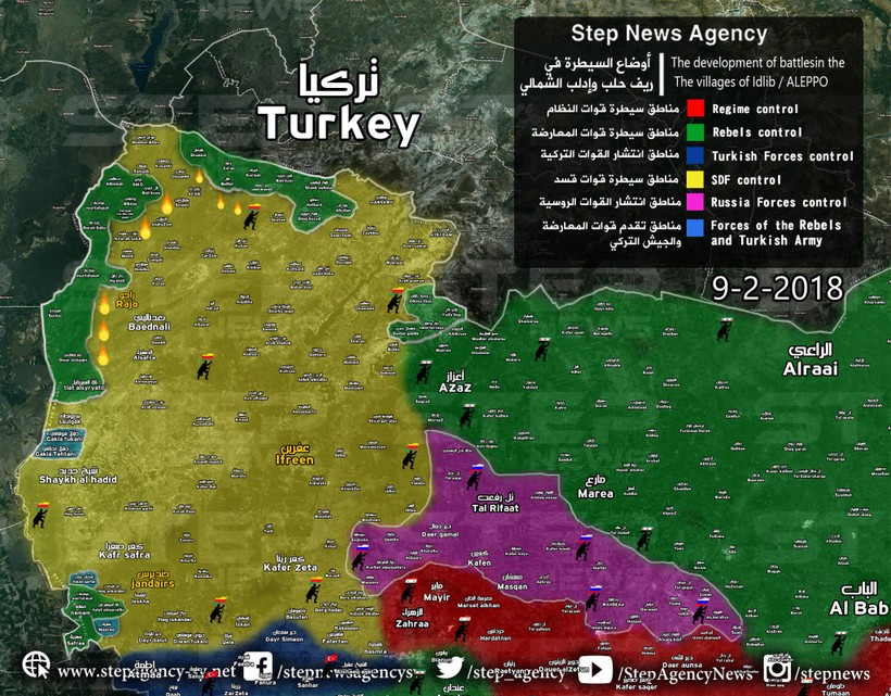 Tình hình phân bổ các lực lượng đối kháng trên chiến trường Afrin - ảnh South Front