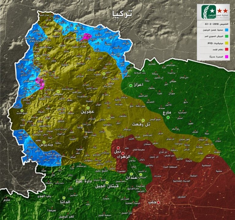 Tình hình chiến sự khu vực Afrin tính đến ngày 22.02.2018, bản đồ đối lập Syria
