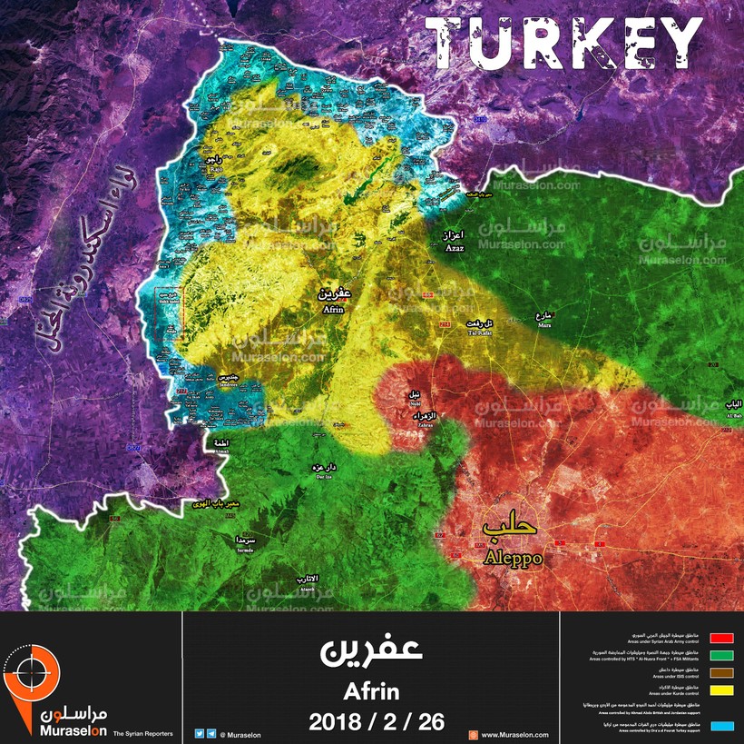 Bản đồ tình hình chiến sự Afrin tính đến ngày 26.02.2018 theo Muraselon