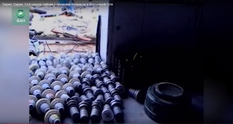 Kho vũ khí của lực lượng Hồi giáo cực đoan ở Đông Ghouta. Ảnh minh họa video RIA.FAN