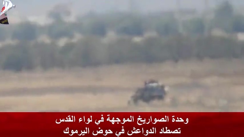 Quân tình nguyện Palestine NDF tiêu diệt xe cơ giới của IS trên thung lũng Yarmouk. Ảnh minh họa video NDF