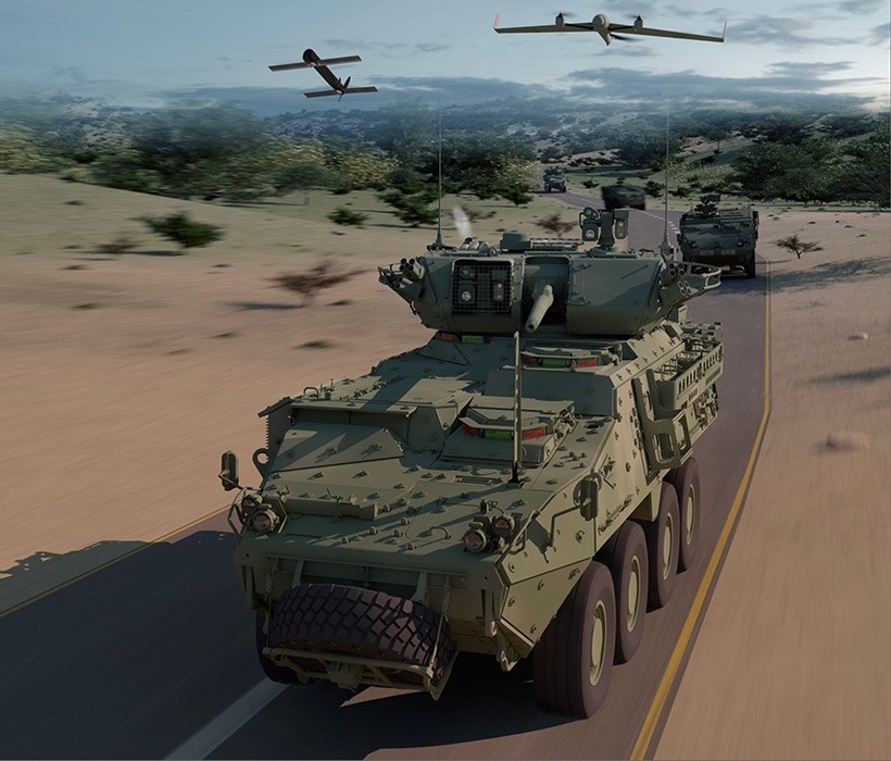 Xe thiết giáp Stryker của tập đoàn General Dynamics, phối kết hợp với drone trinh sát và tên lửa hành trình tự sát. Ảnh minh họa: Popular Mechanic.