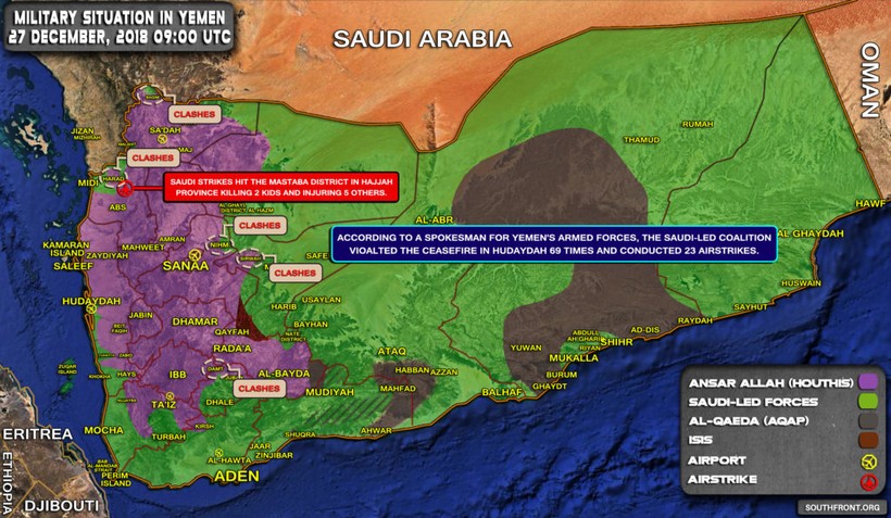 Chiến trường Yemen tính đến ngày 27.12.2018. Ảnh: South Front.