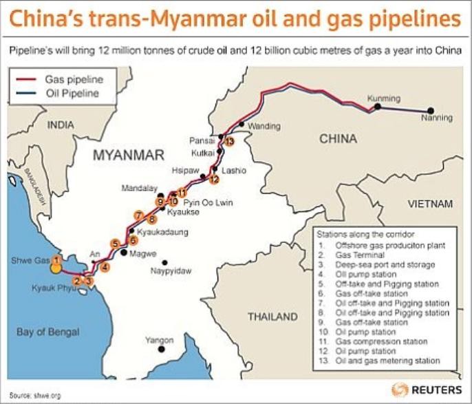 Trung Quốc xây dựng đường ống dầu khí đi qua Myanmar để tránh eo biển Malacca. Ảnh: Oil Seed Crops.