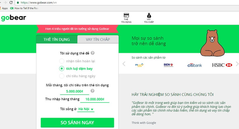 Giao diện web tìm kiếm và so sánh dịch vụ thẻ tín dụng và vay tín chấp ở Việt Nam