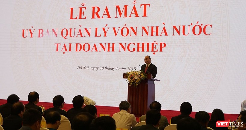 Thủ tướng Nguyễn Xuân Phúc phát biểu trong Lễ ra mắt Ủy ban Quản lý vốn Nhà nước tại doanh nghiệp, chiều 30/9. (Ảnh: Tuấn Đào)
