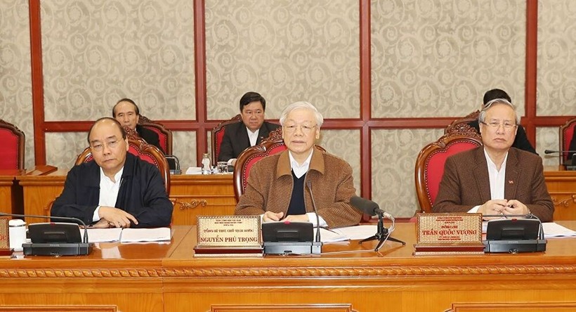 Tổng Bí thư, Chủ tịch nước Nguyễn Phú Trọng chủ trì cuộc họp của Bộ Chính trị về công tác phòng chống dịch bệnh COVID-19. - Ảnh: TTXVN
