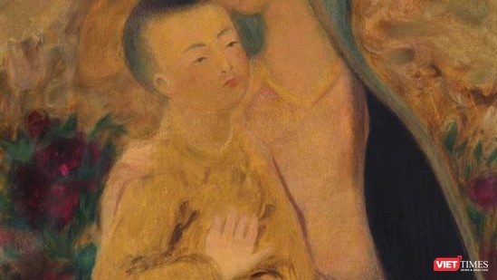 Một góc của bức tranh đề tên danh họa Lê Phổ gây tranh cãi khi em bé có hai ngón tay cái đang được rao bán trên Sotheby's 