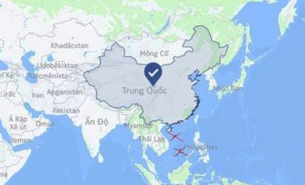 Ảnh chụp màn hình bản đồ của Facebook xác định cả Hoàng Sa, Trường Sa khi chọn vị trí "Trung Quốc".